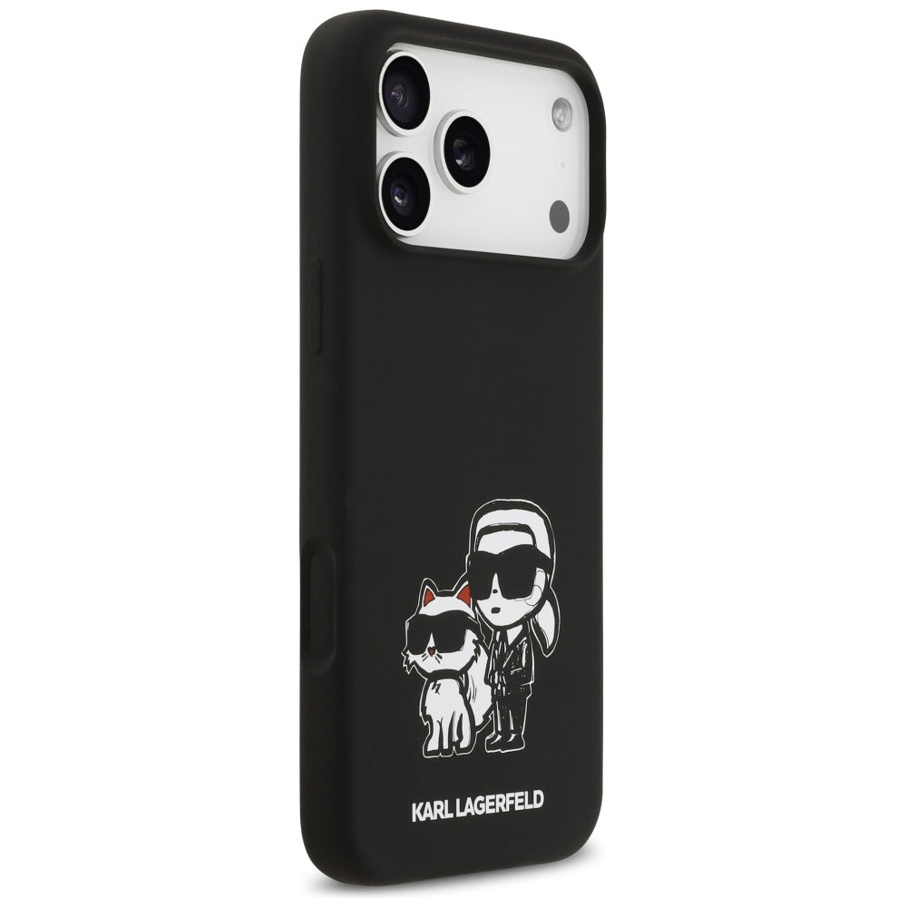 Funda para Apple iPhone 17 Pro Max, Karl Lagerfeld, Sketch and Logo Karl & Choupette, Negra.