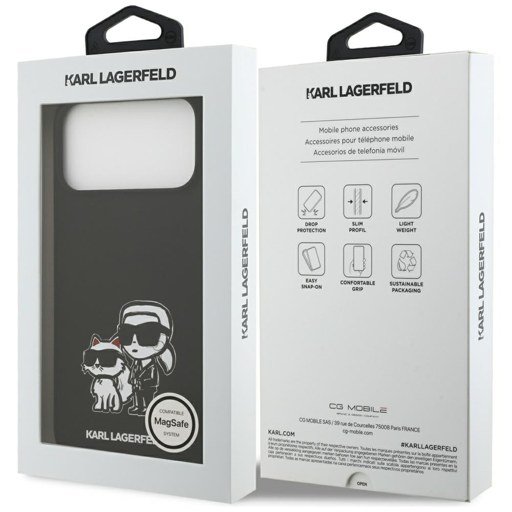 Funda para Apple iPhone 17 Pro Max, Karl Lagerfeld, Sketch and Logo Karl & Choupette, Negra.