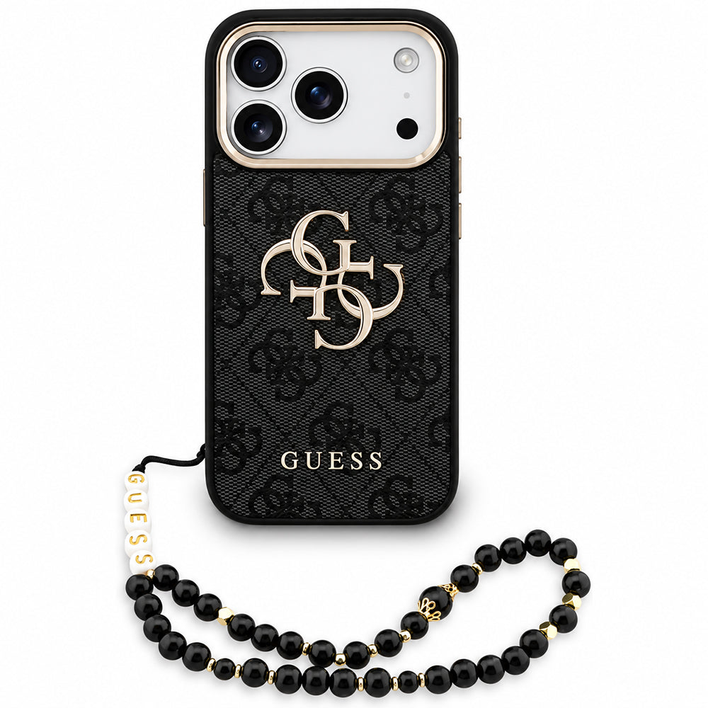 Funda para Apple iPhone 18 Pro / 17 Pro, Guess, Logo Clásico 4G con Correa, Negra Dorada