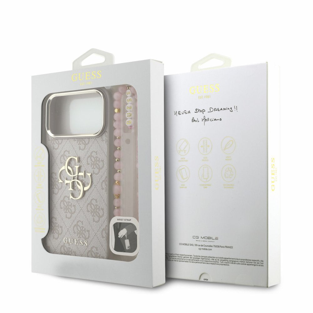 Funda para Apple iPhone 18 Pro / 17 Pro, Guess, 4G Classic Logo with Strap, rosa dorado