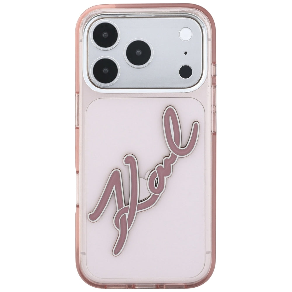 Funda para Apple iPhone 18 Pro / 17 Pro, Karl Lagerfeld, IML Gran Logo de Resina con Marco Metálico, Rosa