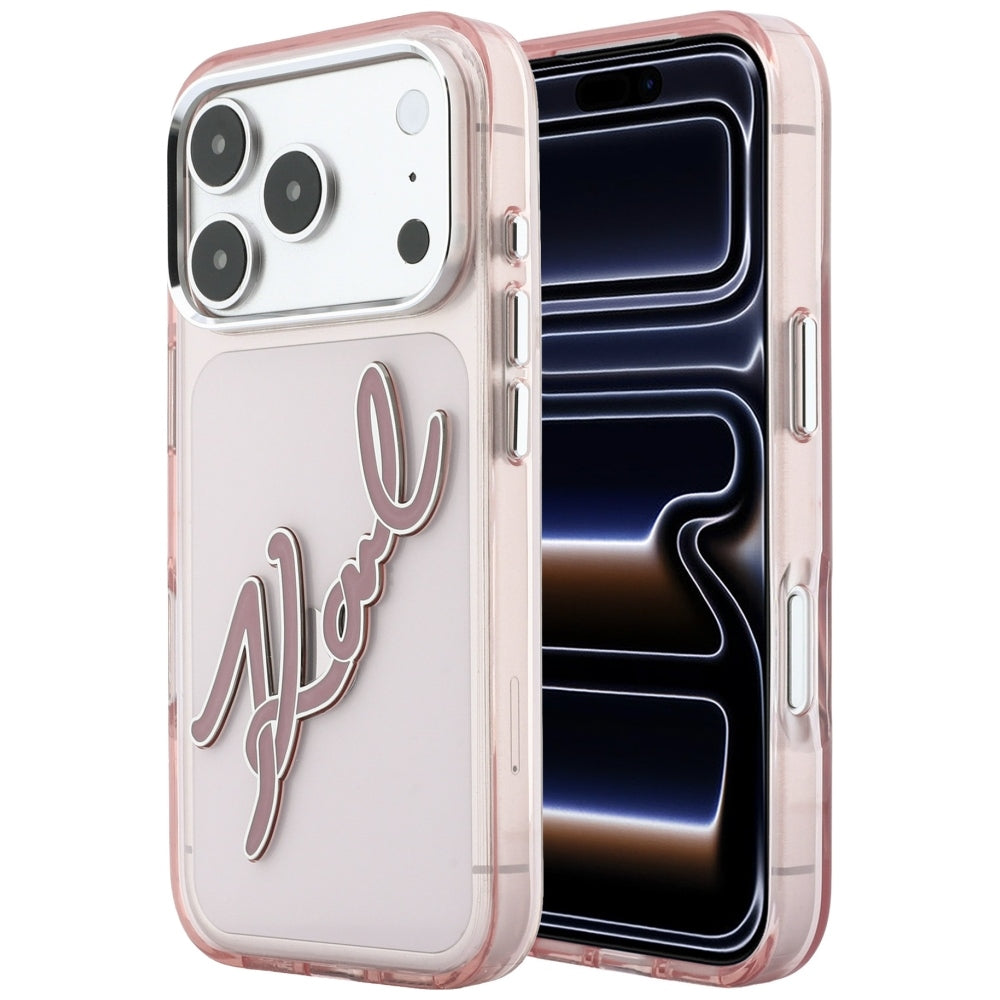 Funda para Apple iPhone 18 Pro / 17 Pro, Karl Lagerfeld, IML Gran Logo de Resina con Marco Metálico, Rosa