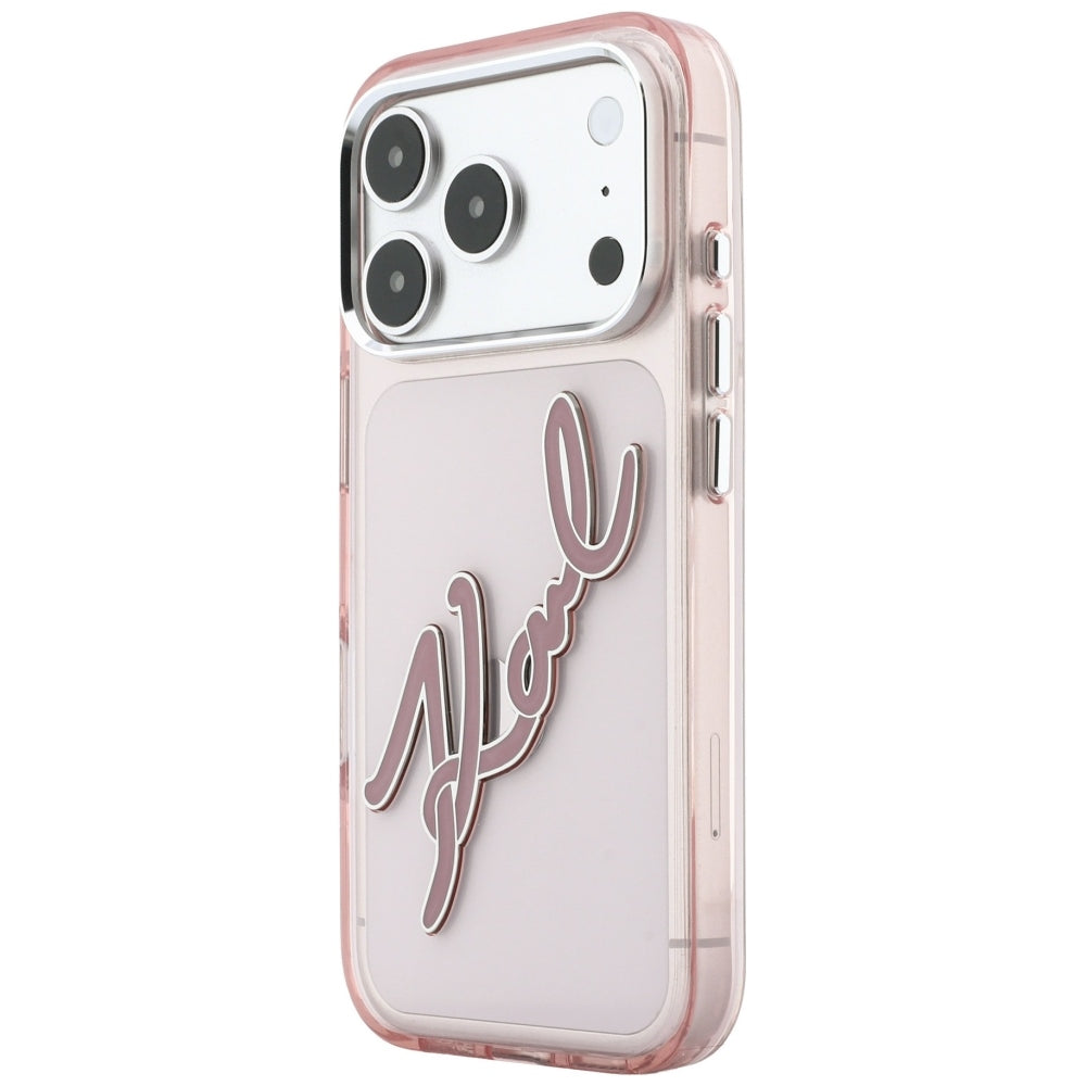 Funda para Apple iPhone 18 Pro / 17 Pro, Karl Lagerfeld, IML Gran Logo de Resina con Marco Metálico, Rosa