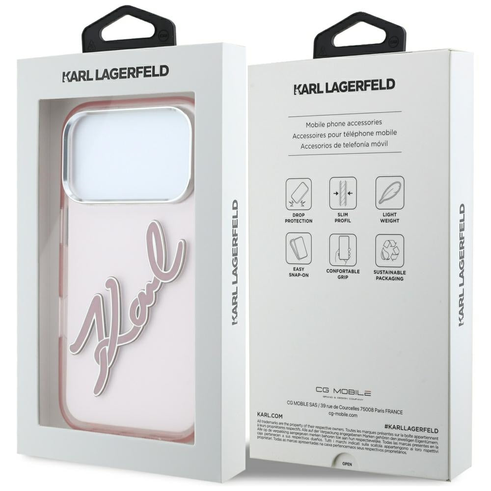 Funda para Apple iPhone 18 Pro / 17 Pro, Karl Lagerfeld, IML Gran Logo de Resina con Marco Metálico, Rosa