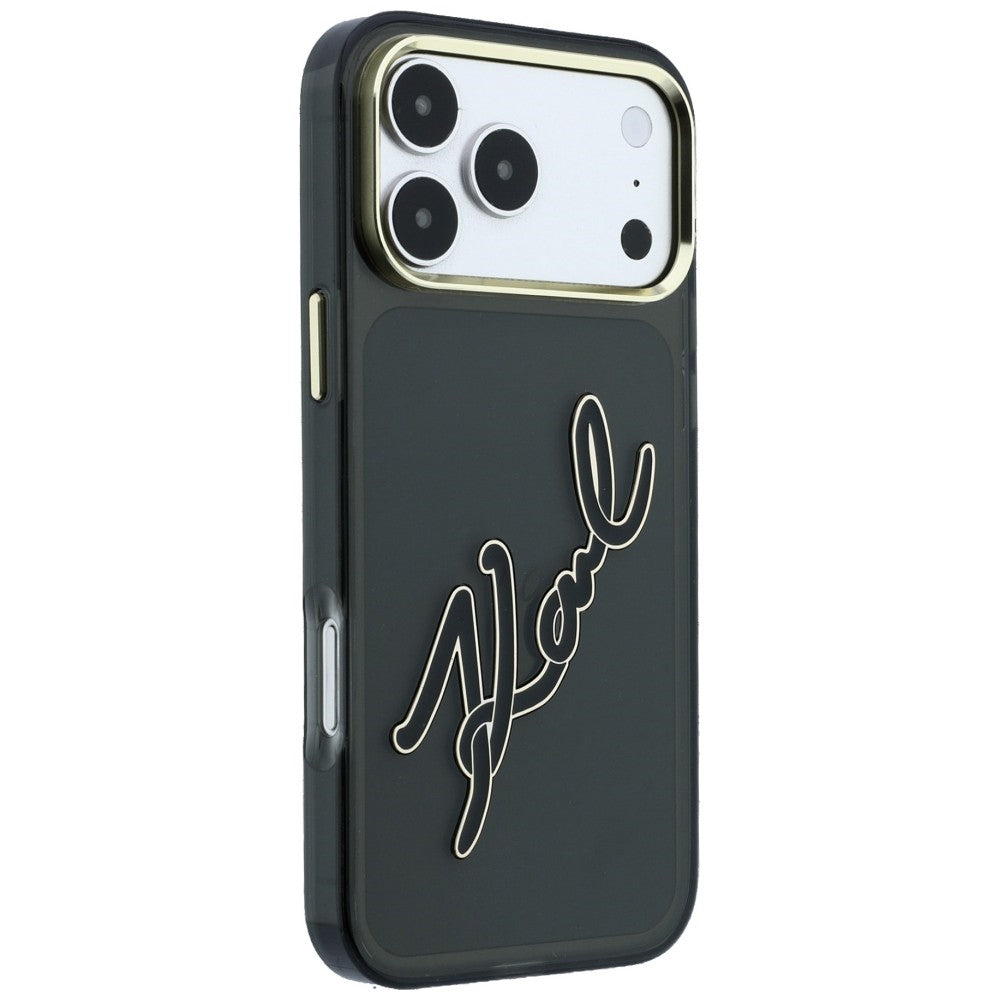 Funda para Apple iPhone 18 Pro / 17 Pro, Karl Lagerfeld, IML Gran Logo de Resina y Marco Metálico, Negra