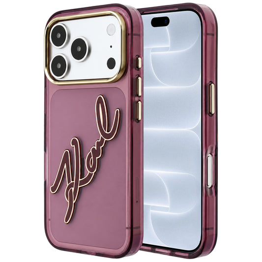 Funda para Apple iPhone 18 Pro / 17 Pro, Karl Lagerfeld, IML Gran Logo de Resina con Firma y Marco Metálico, Burdeos