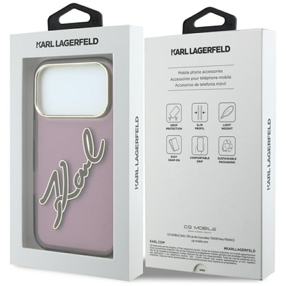 Funda para Apple iPhone 18 Pro / 17 Pro, Karl Lagerfeld, IML Gran Logo de Resina con Firma y Marco Metálico, Burdeos