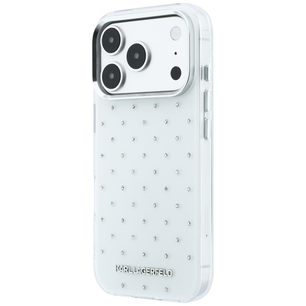 Funda para Apple iPhone 18 Pro / 17 Pro, Karl Lagerfeld, IML con piedras de strass y logo electrochapado, Blanca