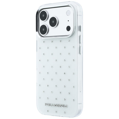 Funda para Apple iPhone 18 Pro / 17 Pro, Karl Lagerfeld, IML con piedras de strass y logo electrochapado, Blanca