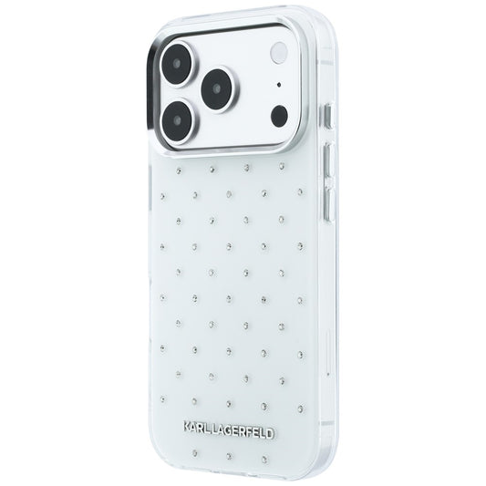 Funda para Apple iPhone 18 Pro / 17 Pro, Karl Lagerfeld, IML con piedras de strass y logo electrochapado, Blanca