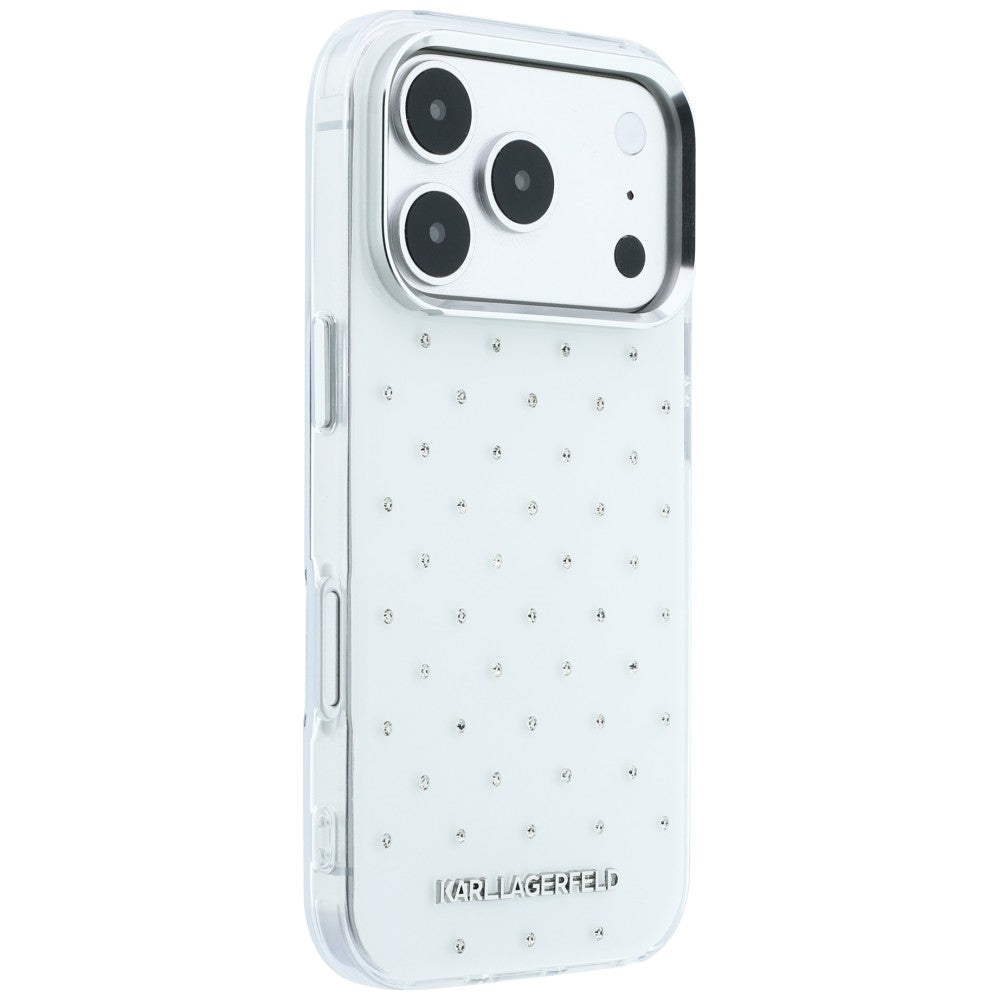 Funda para Apple iPhone 18 Pro / 17 Pro, Karl Lagerfeld, IML con piedras de strass y logo electrochapado, Blanca