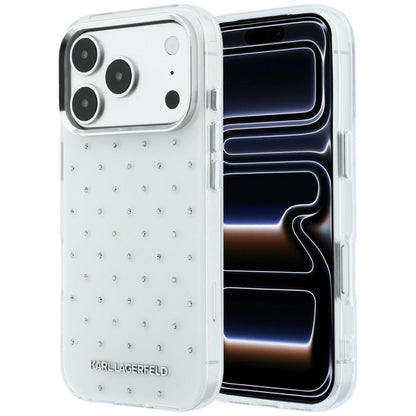 Funda para Apple iPhone 18 Pro / 17 Pro, Karl Lagerfeld, IML con piedras de strass y logo electrochapado, Blanca