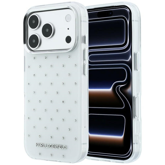Funda para Apple iPhone 18 Pro / 17 Pro, Karl Lagerfeld, IML con piedras de strass y logo electrochapado, Blanca