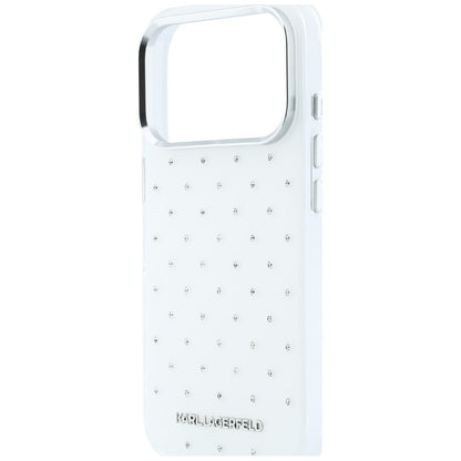 Funda para Apple iPhone 18 Pro / 17 Pro, Karl Lagerfeld, IML con piedras de strass y logo electrochapado, Blanca