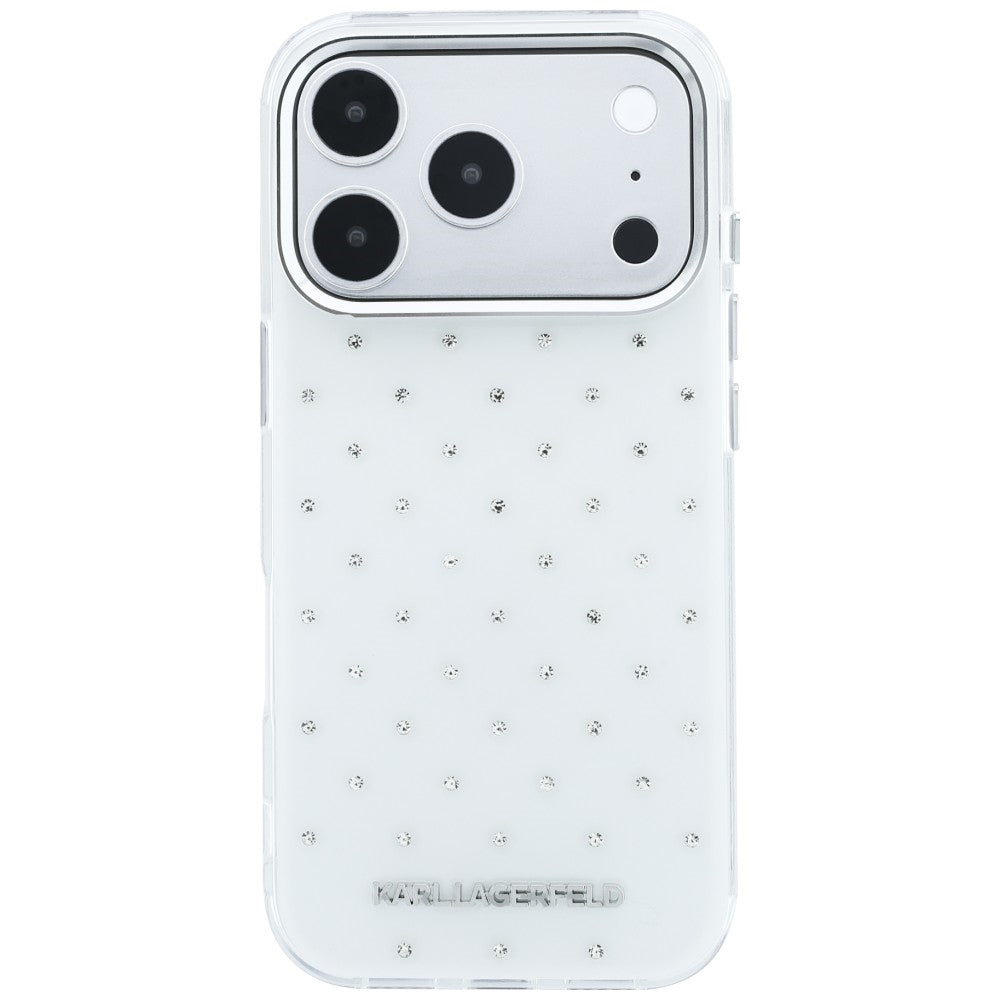 Funda para Apple iPhone 18 Pro / 17 Pro, Karl Lagerfeld, IML con piedras de strass y logo electrochapado, Blanca