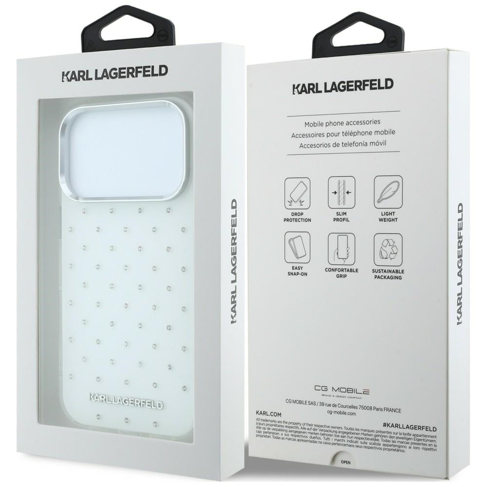 Funda para Apple iPhone 18 Pro / 17 Pro, Karl Lagerfeld, IML con piedras de strass y logo electrochapado, Blanca