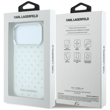 Funda para Apple iPhone 18 Pro / 17 Pro, Karl Lagerfeld, IML con piedras de strass y logo electrochapado, Blanca