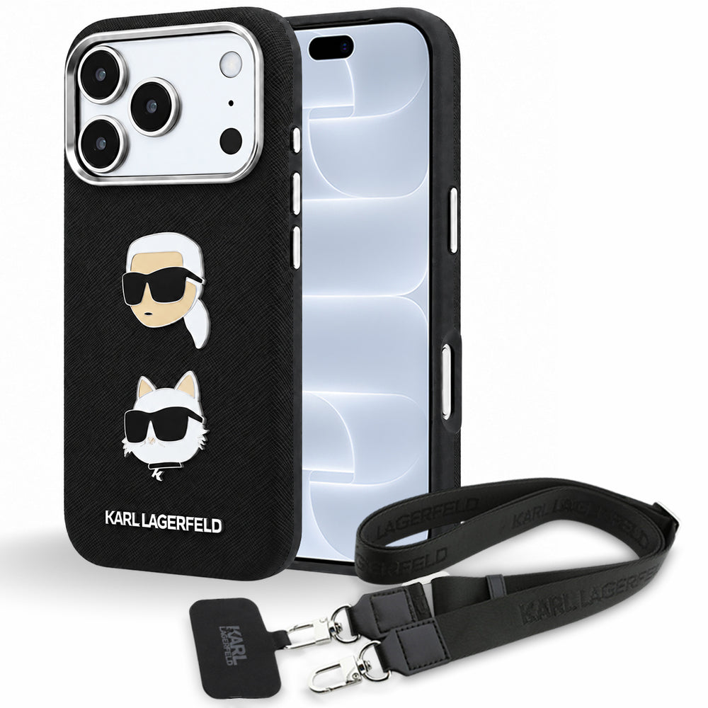 Funda para Apple iPhone 18 Pro / 17 Pro, Karl Lagerfeld, Saffiano Crossbody Karl & Choupette Head's Pins Logo, negra