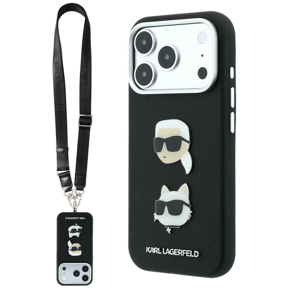 Funda para Apple iPhone 18 Pro / 17 Pro, Karl Lagerfeld, Saffiano Crossbody Karl & Choupette Head's Pins Logo, negra