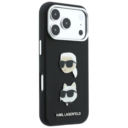 Funda para Apple iPhone 18 Pro / 17 Pro, Karl Lagerfeld, Saffiano Crossbody Karl & Choupette Head's Pins Logo, negra