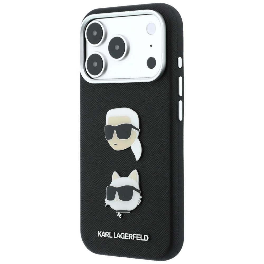 Funda para Apple iPhone 18 Pro / 17 Pro, Karl Lagerfeld, Saffiano Crossbody Karl & Choupette Head's Pins Logo, negra