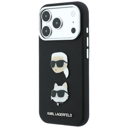 Funda para Apple iPhone 18 Pro / 17 Pro, Karl Lagerfeld, Saffiano Crossbody Karl & Choupette Head's Pins Logo, negra
