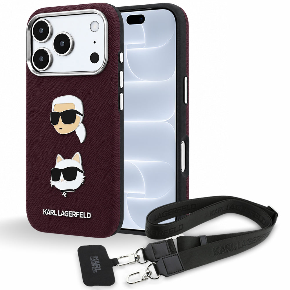 Funda para Apple iPhone 18 Pro / 17 Pro, Karl Lagerfeld, Saffiano Crossbody Karl & Choupette Head's Pins Logo, color burdeos