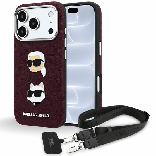 Funda para Apple iPhone 18 Pro / 17 Pro, Karl Lagerfeld, Saffiano Crossbody Karl & Choupette Head's Pins Logo, color burdeos