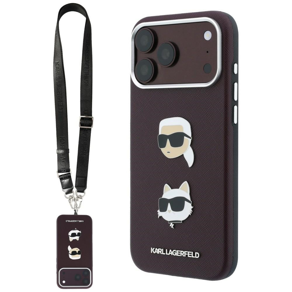 Funda para Apple iPhone 18 Pro / 17 Pro, Karl Lagerfeld, Saffiano Crossbody Karl & Choupette Head's Pins Logo, color burdeos