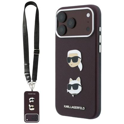 Funda para Apple iPhone 18 Pro / 17 Pro, Karl Lagerfeld, Saffiano Crossbody Karl & Choupette Head's Pins Logo, color burdeos