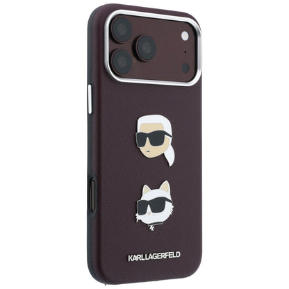 Funda para Apple iPhone 18 Pro / 17 Pro, Karl Lagerfeld, Saffiano Crossbody Karl & Choupette Head's Pins Logo, color burdeos