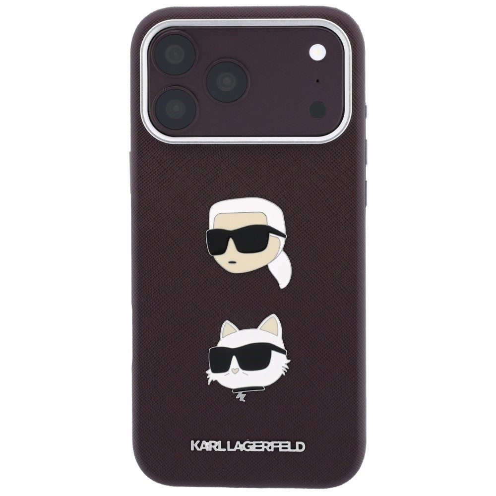 Funda para Apple iPhone 18 Pro / 17 Pro, Karl Lagerfeld, Saffiano Crossbody Karl & Choupette Head's Pins Logo, color burdeos