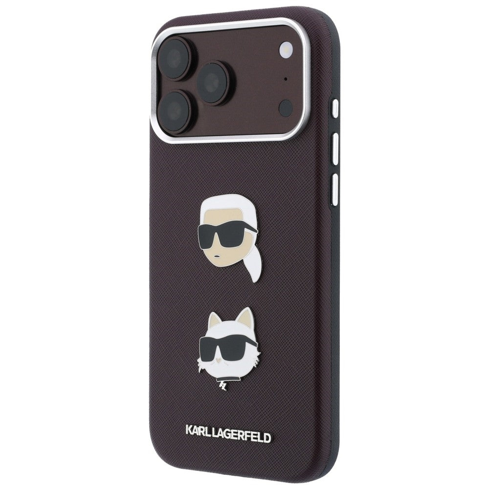 Funda para Apple iPhone 18 Pro / 17 Pro, Karl Lagerfeld, Saffiano Crossbody Karl & Choupette Head's Pins Logo, color burdeos