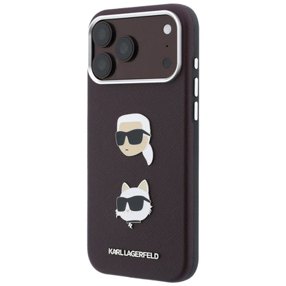 Funda para Apple iPhone 18 Pro / 17 Pro, Karl Lagerfeld, Saffiano Crossbody Karl & Choupette Head's Pins Logo, color burdeos