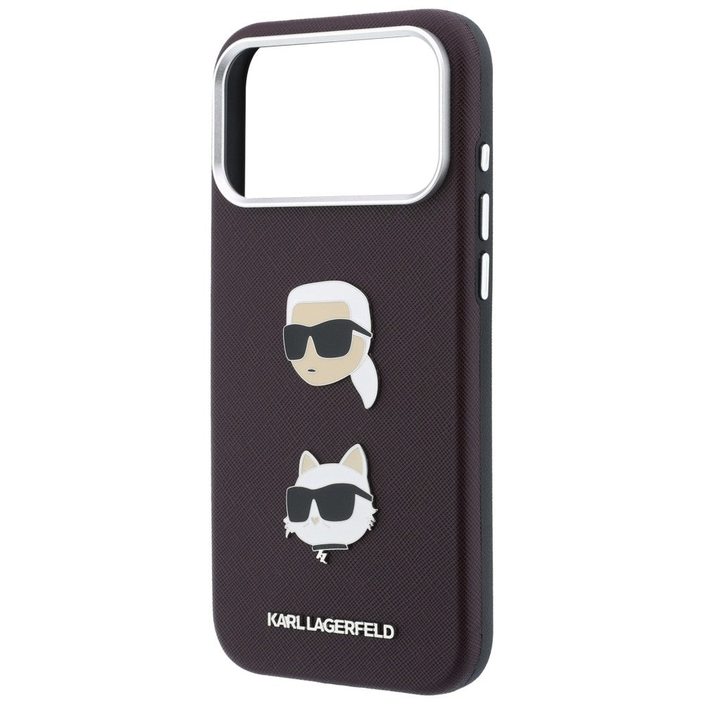 Funda para Apple iPhone 18 Pro / 17 Pro, Karl Lagerfeld, Saffiano Crossbody Karl & Choupette Head's Pins Logo, color burdeos