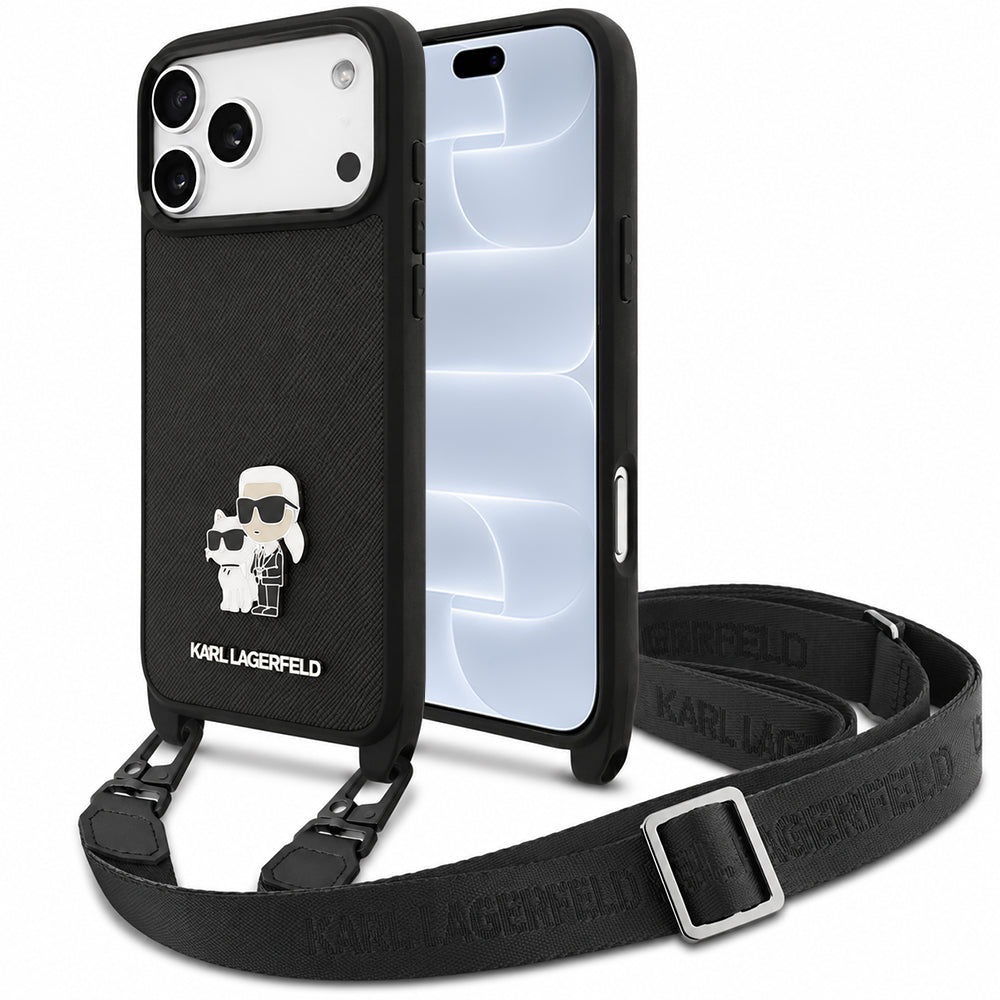 Funda para Apple iPhone 18 Pro / 17 Pro, Karl Lagerfeld, Saffiano Crossbody Metal Pin Karl & Choupette, negra