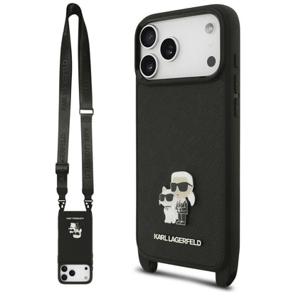 Funda para Apple iPhone 18 Pro / 17 Pro, Karl Lagerfeld, Saffiano Crossbody Metal Pin Karl & Choupette, negra