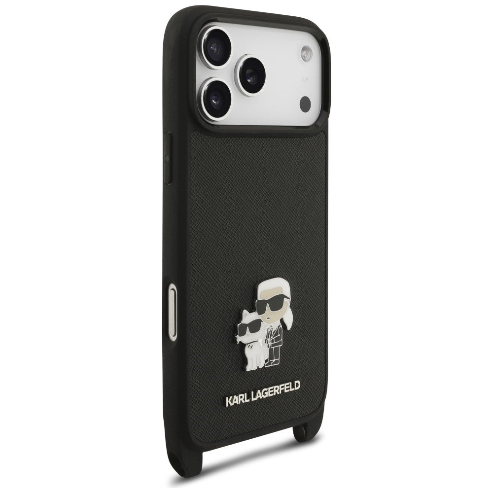 Funda para Apple iPhone 18 Pro / 17 Pro, Karl Lagerfeld, Saffiano Crossbody Metal Pin Karl & Choupette, negra