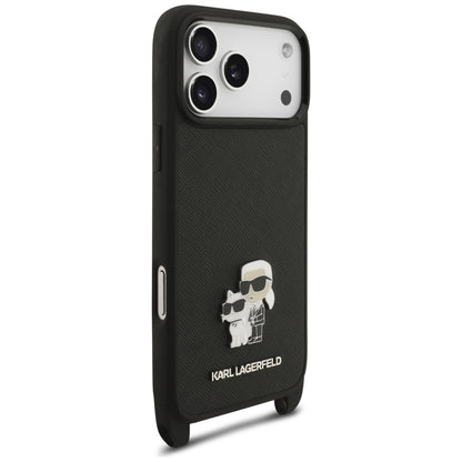 Funda para Apple iPhone 18 Pro / 17 Pro, Karl Lagerfeld, Saffiano Crossbody Metal Pin Karl & Choupette, negra