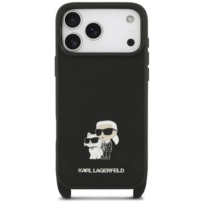 Funda para Apple iPhone 18 Pro / 17 Pro, Karl Lagerfeld, Saffiano Crossbody Metal Pin Karl & Choupette, negra