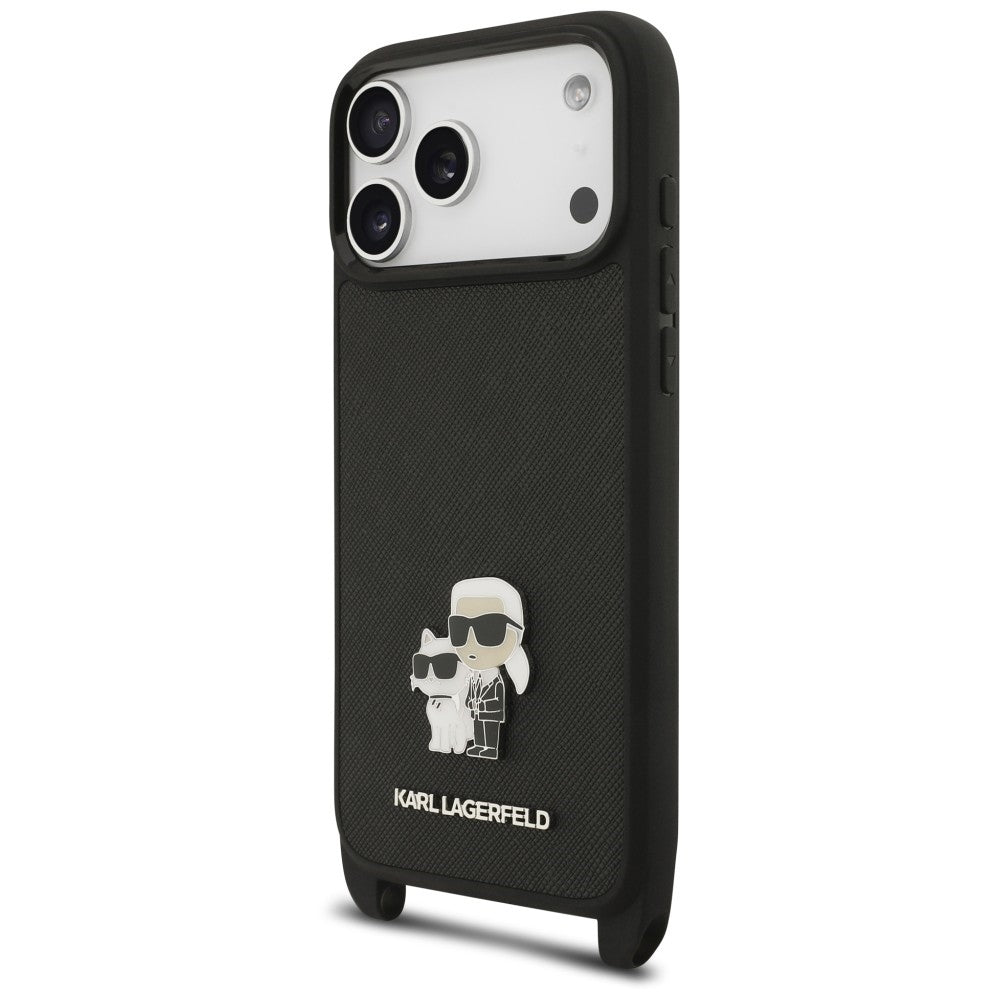 Funda para Apple iPhone 18 Pro / 17 Pro, Karl Lagerfeld, Saffiano Crossbody Metal Pin Karl & Choupette, negra