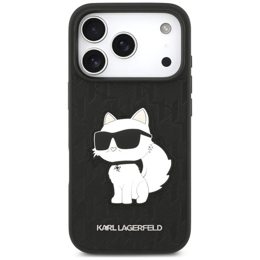 Funda para Apple iPhone 18 Pro / 17 Pro, Karl Lagerfeld, Saffiano Mono Patch Choupette, negra