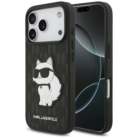 Funda para Apple iPhone 18 Pro / 17 Pro, Karl Lagerfeld, Saffiano Mono Patch Choupette, negra