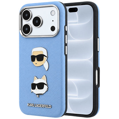 Funda para Apple iPhone 18 Pro / 17 Pro, Karl Lagerfeld, Saffiano con pin de las cabezas de Karl y Choupette y logotipo, azul celeste