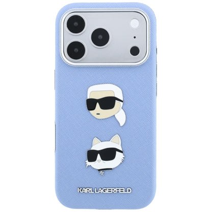 Funda para Apple iPhone 18 Pro / 17 Pro, Karl Lagerfeld, Saffiano con pin de las cabezas de Karl y Choupette y logotipo, azul celeste