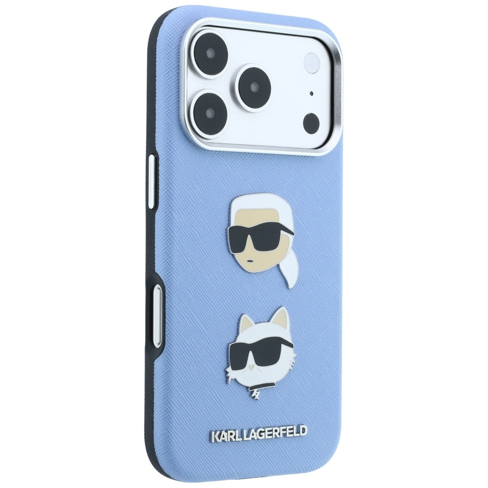 Funda para Apple iPhone 18 Pro / 17 Pro, Karl Lagerfeld, Saffiano con pin de las cabezas de Karl y Choupette y logotipo, azul celeste