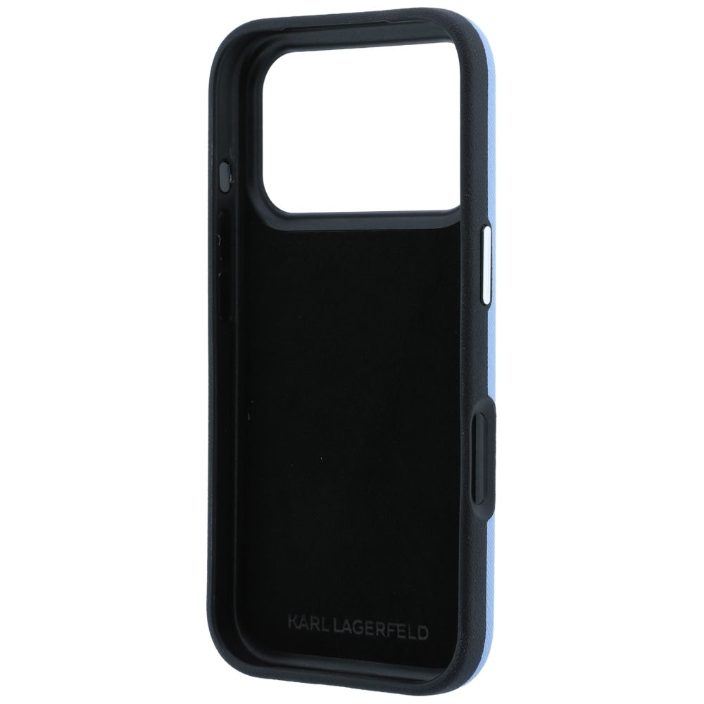 Funda para Apple iPhone 18 Pro / 17 Pro, Karl Lagerfeld, Saffiano con pin de las cabezas de Karl y Choupette y logotipo, azul celeste