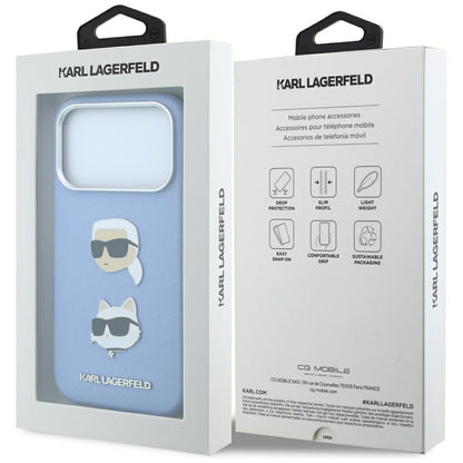 Funda para Apple iPhone 18 Pro / 17 Pro, Karl Lagerfeld, Saffiano con pin de las cabezas de Karl y Choupette y logotipo, azul celeste