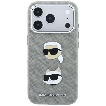 Case for Apple iPhone 18 Pro / 17 Pro, Karl Lagerfeld, Saffiano with Karl & Choupette Head's Pin and Logo, Gray