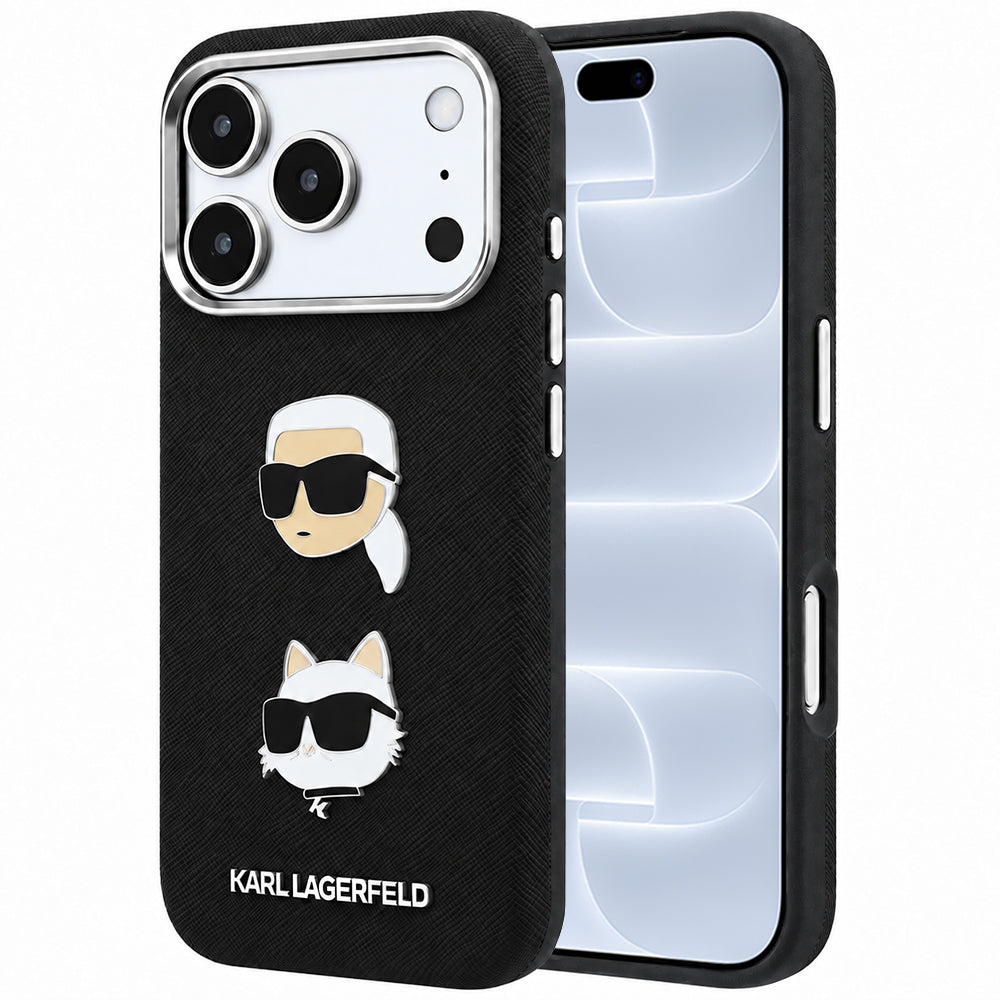 Funda para Apple iPhone 18 Pro / 17 Pro, Karl Lagerfeld, Saffiano con pin de las cabezas de Karl y Choupette y logotipo, negra